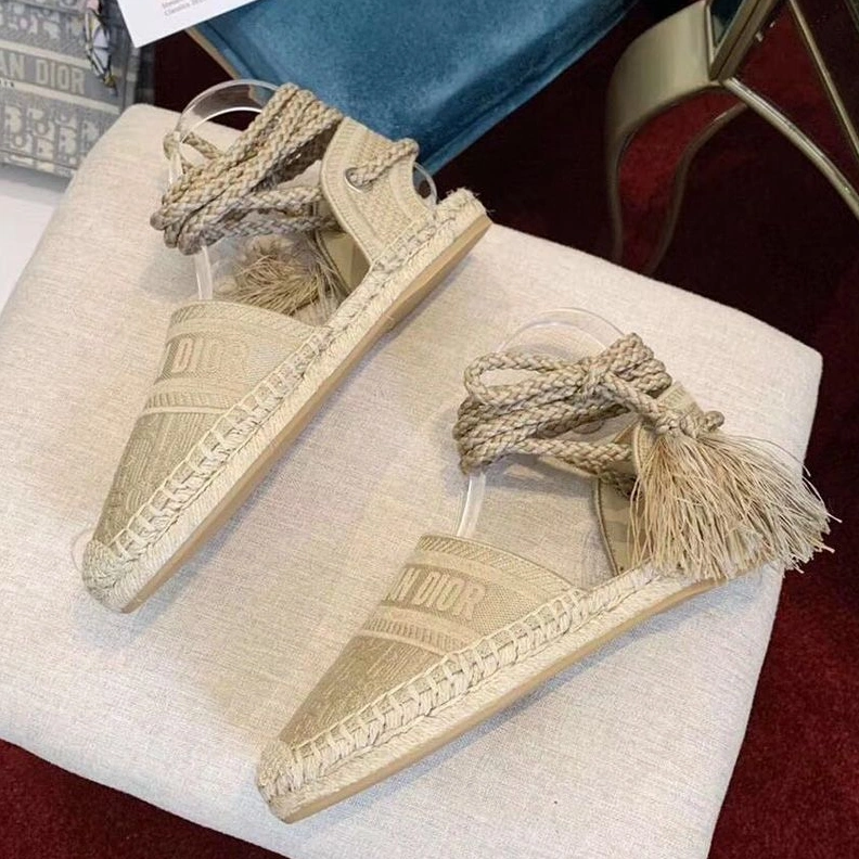 Christian Dior Granville Espadrilles with Laces Women Oblique Motif Cotton Apricot NewStyle 8580