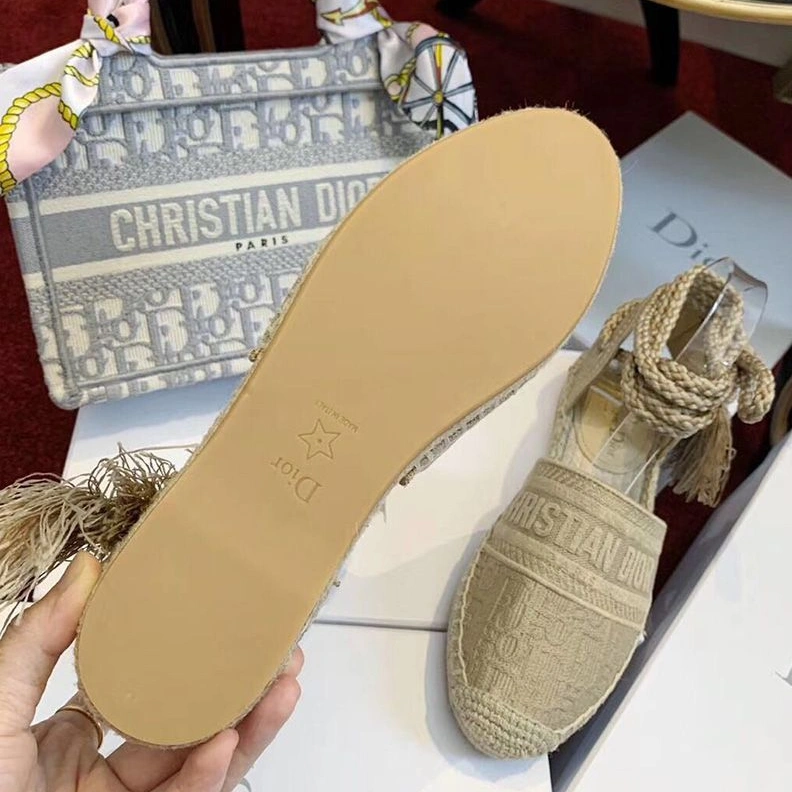 Christian Dior Granville Espadrilles with Laces Women Oblique Motif Cotton Apricot NewStyle 8580