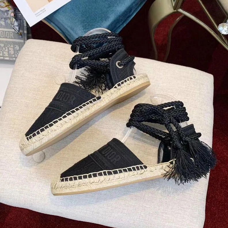 Christian Dior Granville Espadrilles with Laces Women Oblique Motif Cotton Black SmartChoice 6170