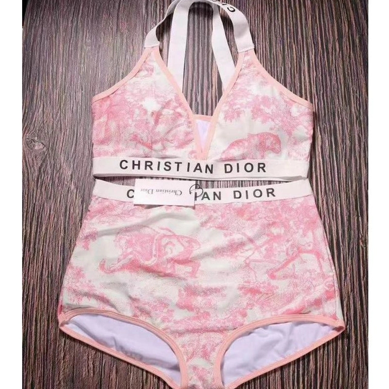Christian Dior High Waisted Crisscross Bikini Women Toile De Jouy Motif Lycra Pink HighQuality 7480