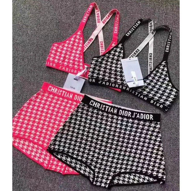 Christian Dior J'Adior High Waisted Crisscross Bikini Women Houndstooth Motif Lycra Black Popular 7641