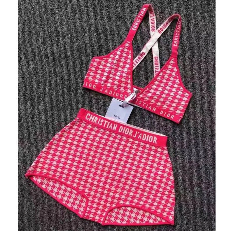 Christian Dior J'Adior High Waisted Crisscross Bikini Women Houndstooth Motif Lycra Pink TopPick 3828