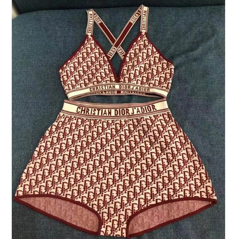 Christian Dior J'Adior High Waisted Crisscross Bikini Women Oblique Motif Lycra Burgundy WellDesigned 7720