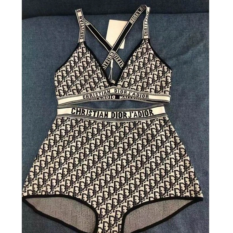Christian Dior J'Adior High Waisted Crisscross Bikini Women Oblique Motif Lycra Grey Popular 2496