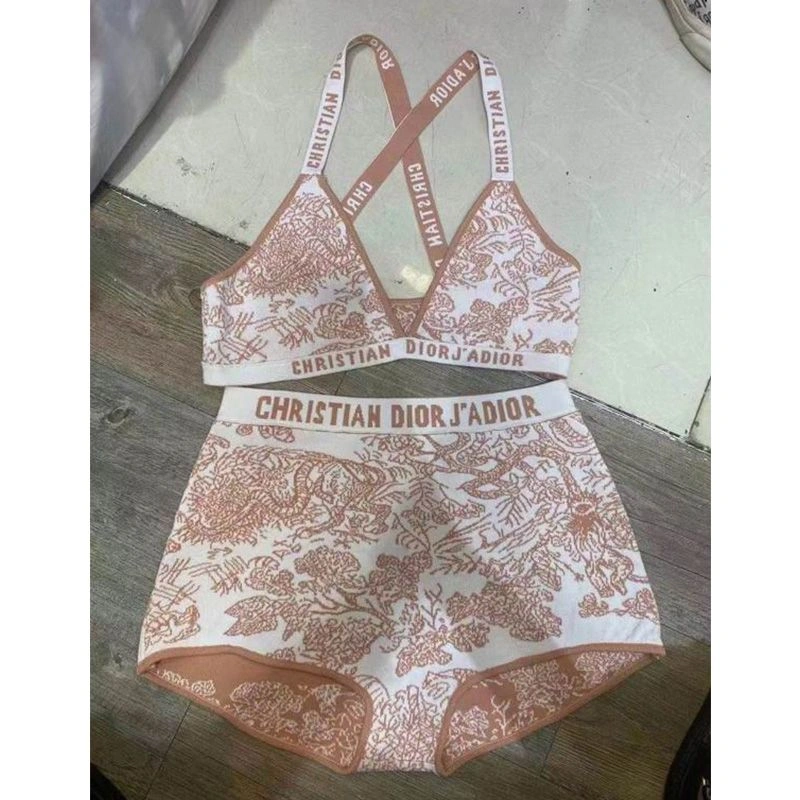 Christian Dior J'Adior High Waisted Crisscross Bikini Women Toile De Jouy Motif Lycra Brown AllSeason 4256