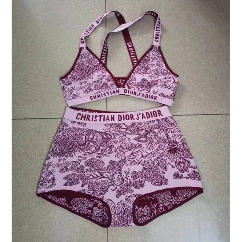 Christian Dior J'Adior High Waisted Crisscross Bikini Women Toile De Jouy Motif Lycra Burgundy StreetReady 8147