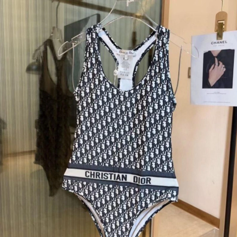 Christian Dior Racerback Swimsuit Women Oblique Motif Lycra Grey NewStyle 3891