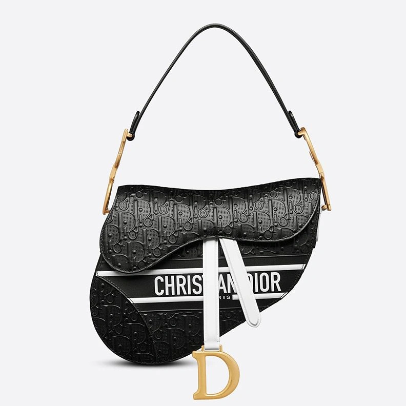 Christian Dior Saddle Bag Oblique Embossed Calfskin Black White GoodFit 5584