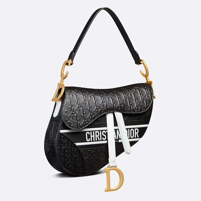 Christian Dior Saddle Bag Oblique Embossed Calfskin Black White GoodFit 5584