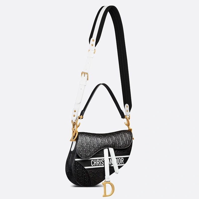Christian Dior Saddle Bag Oblique Embossed Calfskin Black White GoodFit 5584