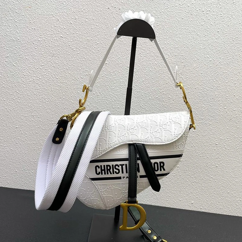 Christian Dior Saddle Bag Oblique Embossed Calfskin White Black TopPick 4956