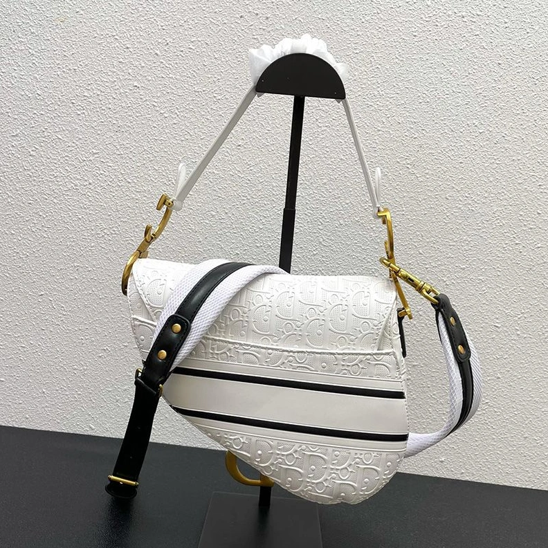 Christian Dior Saddle Bag Oblique Embossed Calfskin White Black TopPick 4956