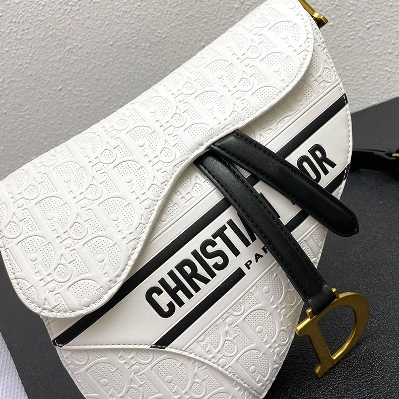Christian Dior Saddle Bag Oblique Embossed Calfskin White Black TopPick 4956