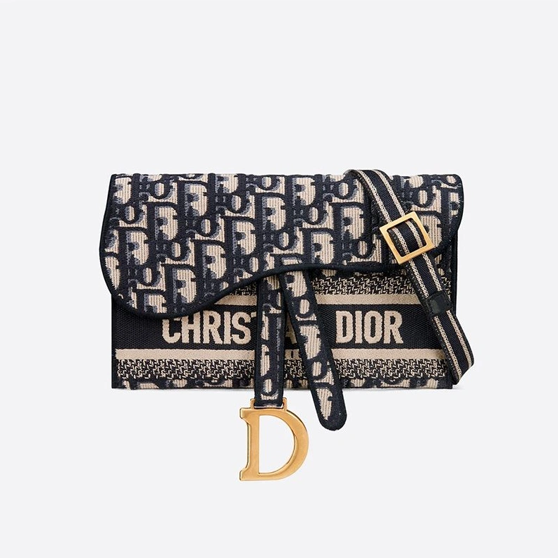 Christian Dior Saddle Slim Pouch Oblique Motif Canvas Blue Trendy 6282