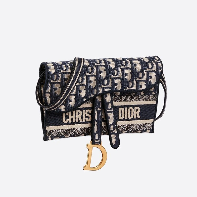Christian Dior Saddle Slim Pouch Oblique Motif Canvas Blue Trendy 6282
