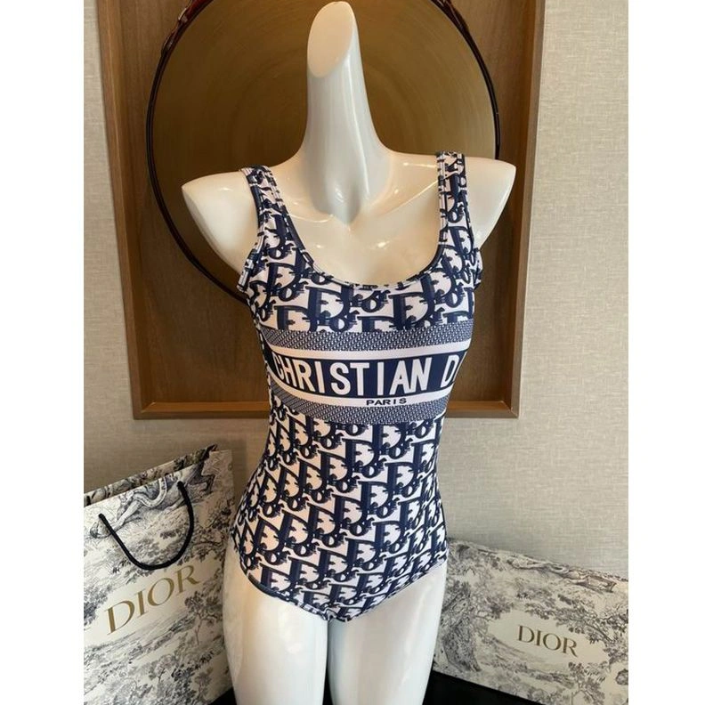 Christian Dior Swimsuit Women Oblique Motif Lycra Blue BestValue 8107