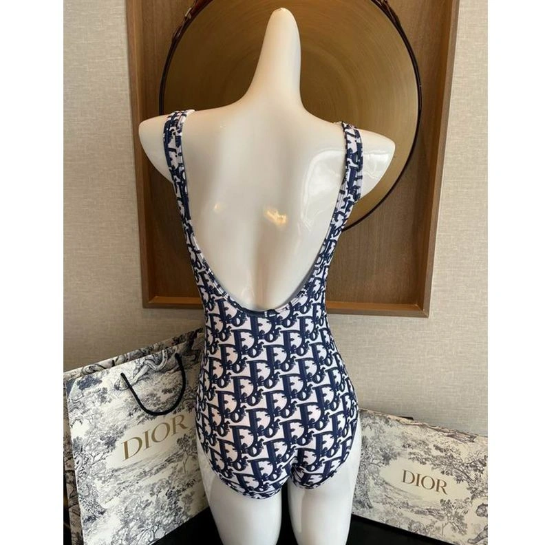 Christian Dior Swimsuit Women Oblique Motif Lycra Blue BestValue 8107