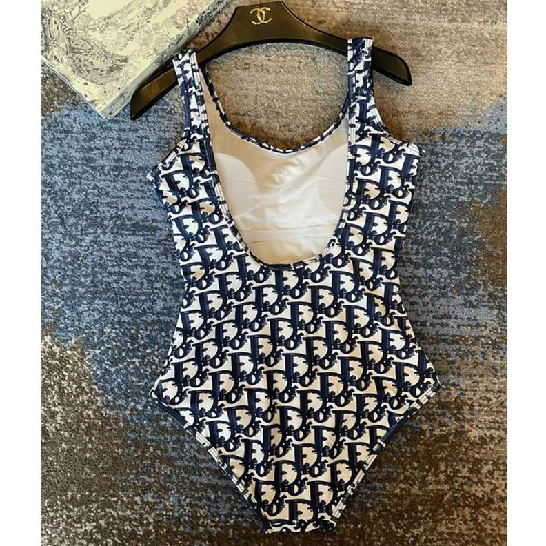 Christian Dior Swimsuit Women Oblique Motif Lycra Blue BestValue 8107