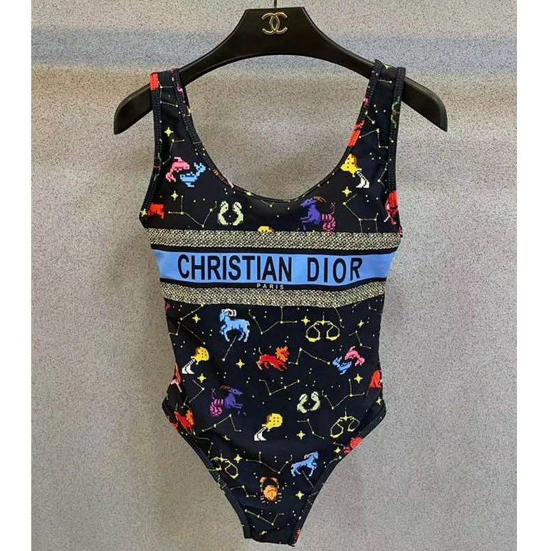 Christian Dior Swimsuit Women Pixel Zodiac Motif Lycra Black Comfortable 4158