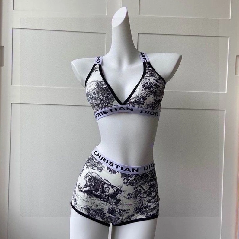 Comfortable 1337 Christian Dior High Waisted Crisscross Bikini Women Toile De Jouy Motif Lycra Beige