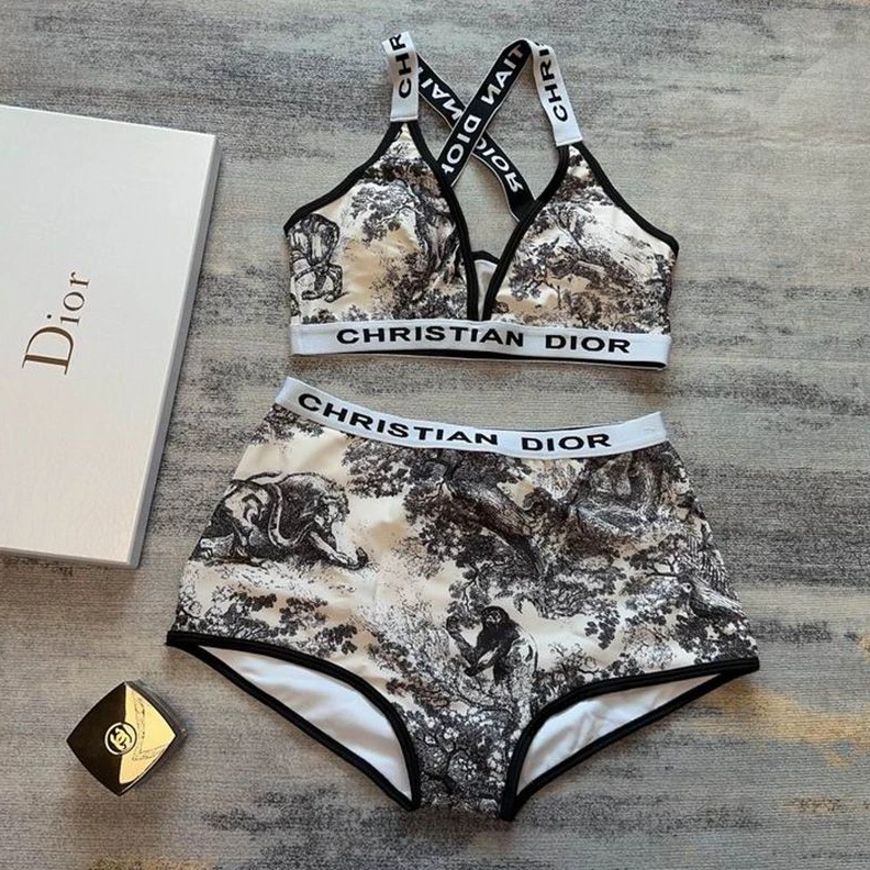 Comfortable 1337 Christian Dior High Waisted Crisscross Bikini Women Toile De Jouy Motif Lycra Beige