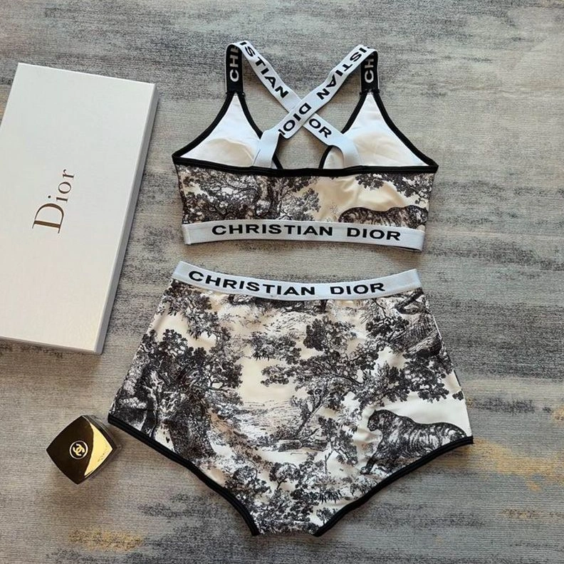 Comfortable 1337 Christian Dior High Waisted Crisscross Bikini Women Toile De Jouy Motif Lycra Beige