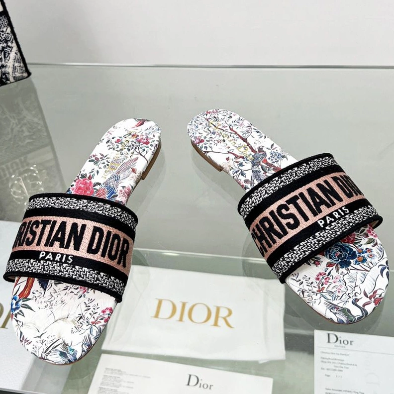 Comfortable 6848 Christian Dior Dway Slides Women Jardin d'Hiver Motif Canvas White