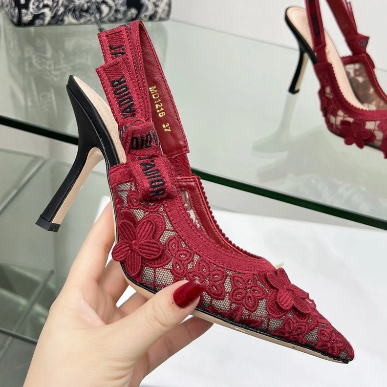 Comfortable 6974 J'Adior Slingback Pumps Women 3D D-lace Motif Transparent Mesh Red