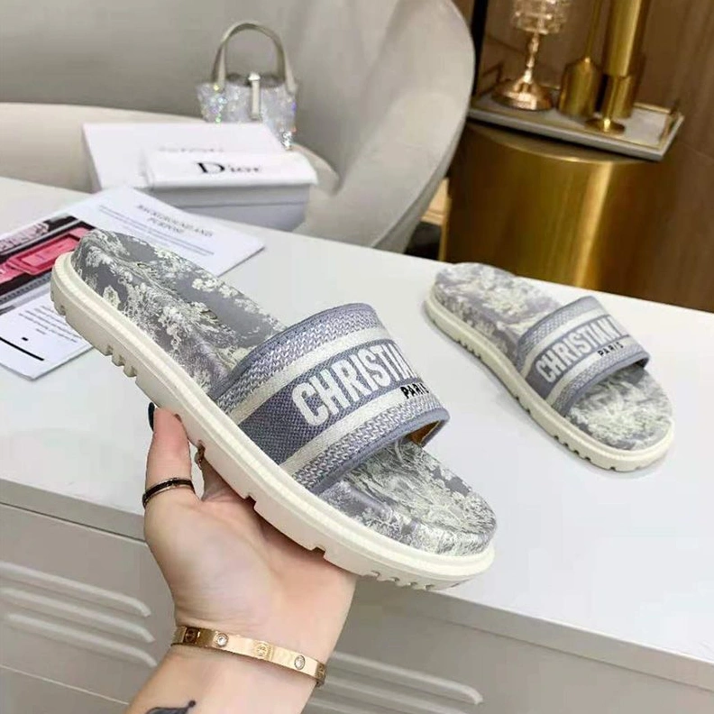 Comfortable 9200 Christian Dior Dway Slides Women Toile De Jouy Motif Cotton Grey