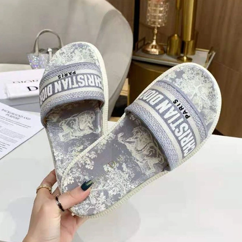 Comfortable 9200 Christian Dior Dway Slides Women Toile De Jouy Motif Cotton Grey