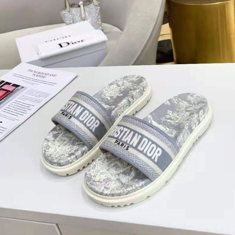 Comfortable 9200 Christian Dior Dway Slides Women Toile De Jouy Motif Cotton Grey