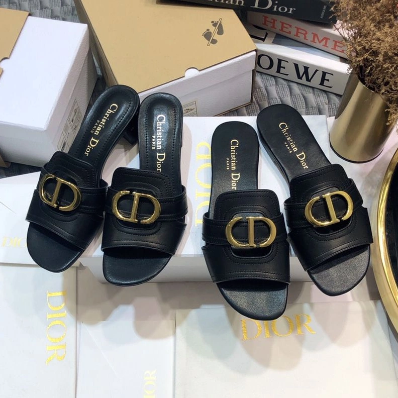 Dior 30 Montaigne Slides Women Calfskin Black Gold UrbanStyle 9280
