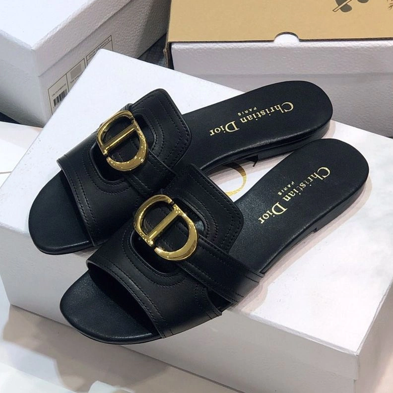 Dior 30 Montaigne Slides Women Calfskin Black Gold UrbanStyle 9280