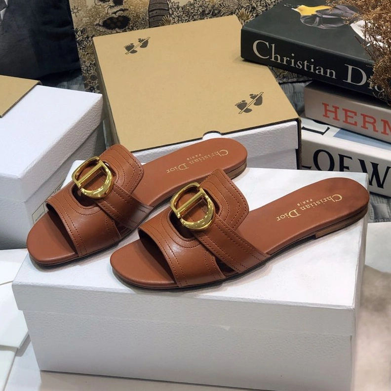 Dior 30 Montaigne Slides Women Calfskin Brown Comfortable 2585