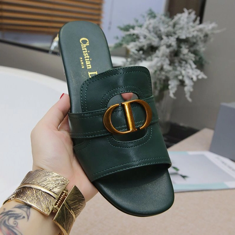 Dior 30 Montaigne Slides Women Calfskin Green Comfortable 2406