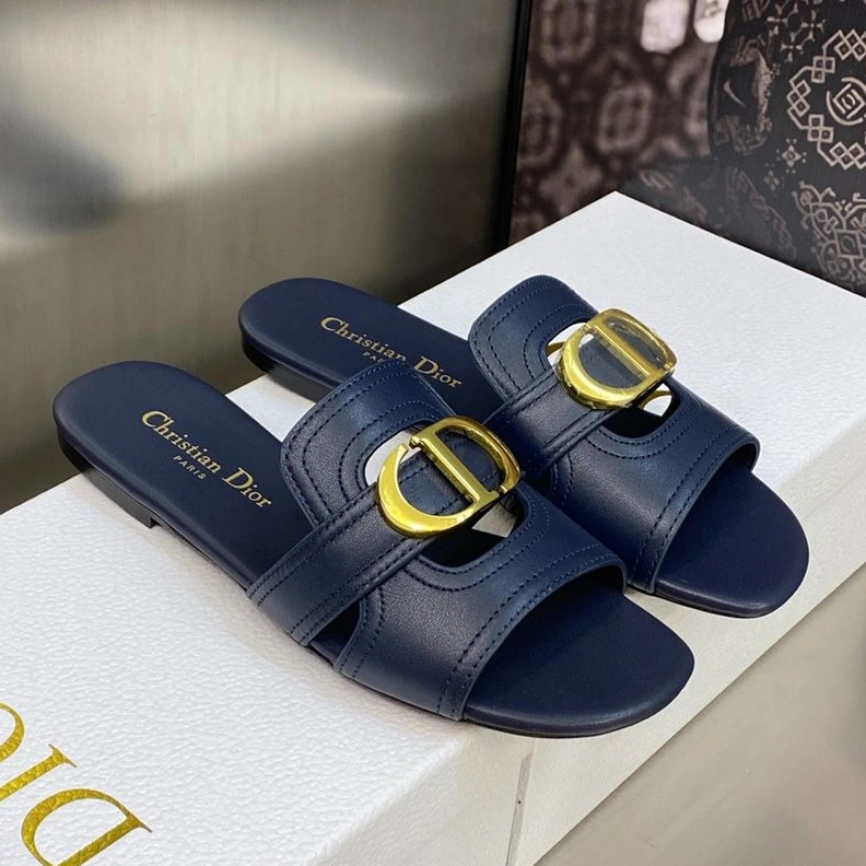 Dior 30 Montaigne Slides Women Calfskin Navy Blue Popular 9345