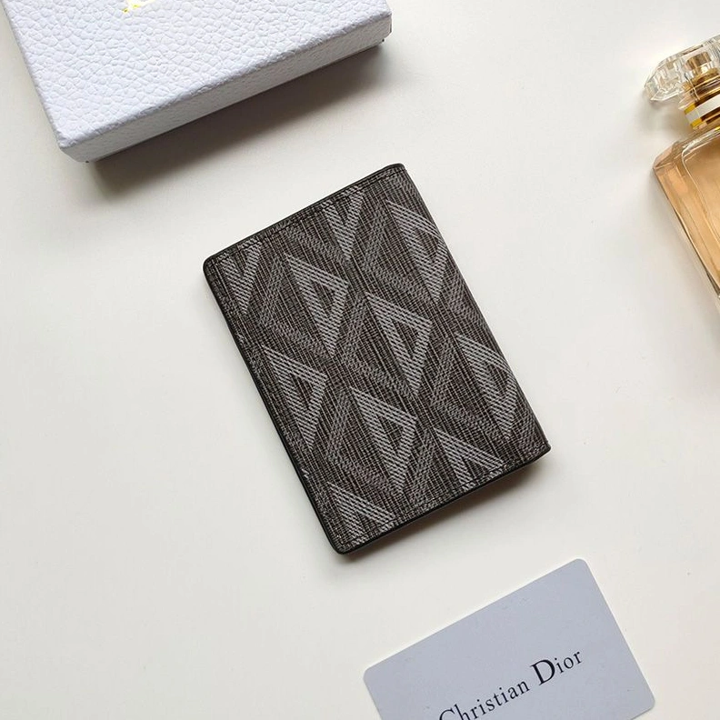 Dior Bi-Fold Card Holder CD Diamond Motif Calfskin Black Trendy 3470