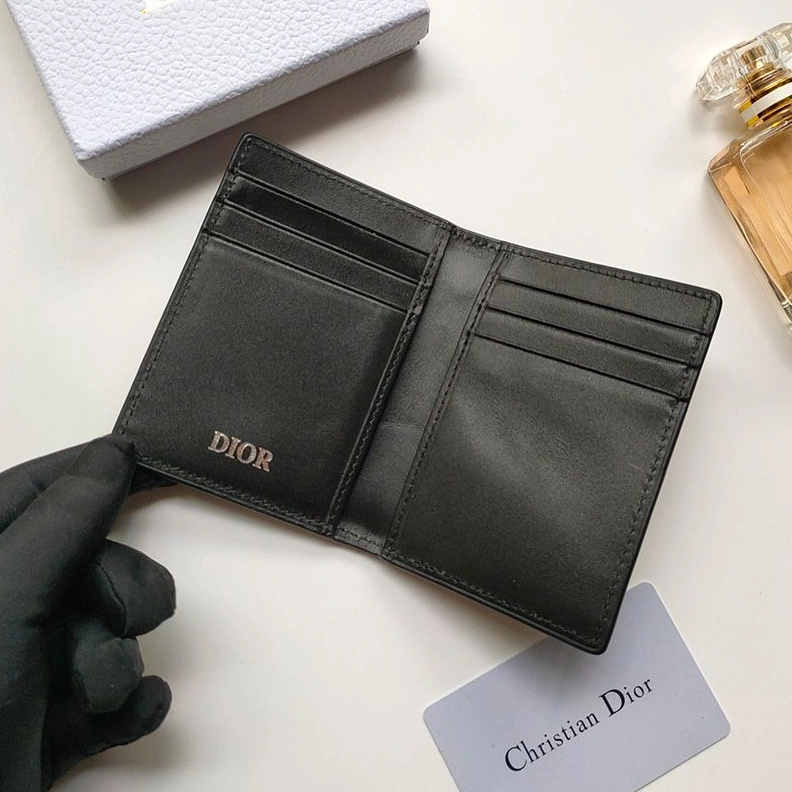 Dior Bi-Fold Card Holder CD Diamond Motif Calfskin Black Trendy 3470