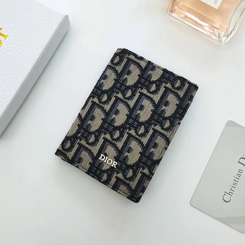 Dior Bi-Fold Card Holder Oblique Motif Canvas Calfskin Blue Trendy 9173