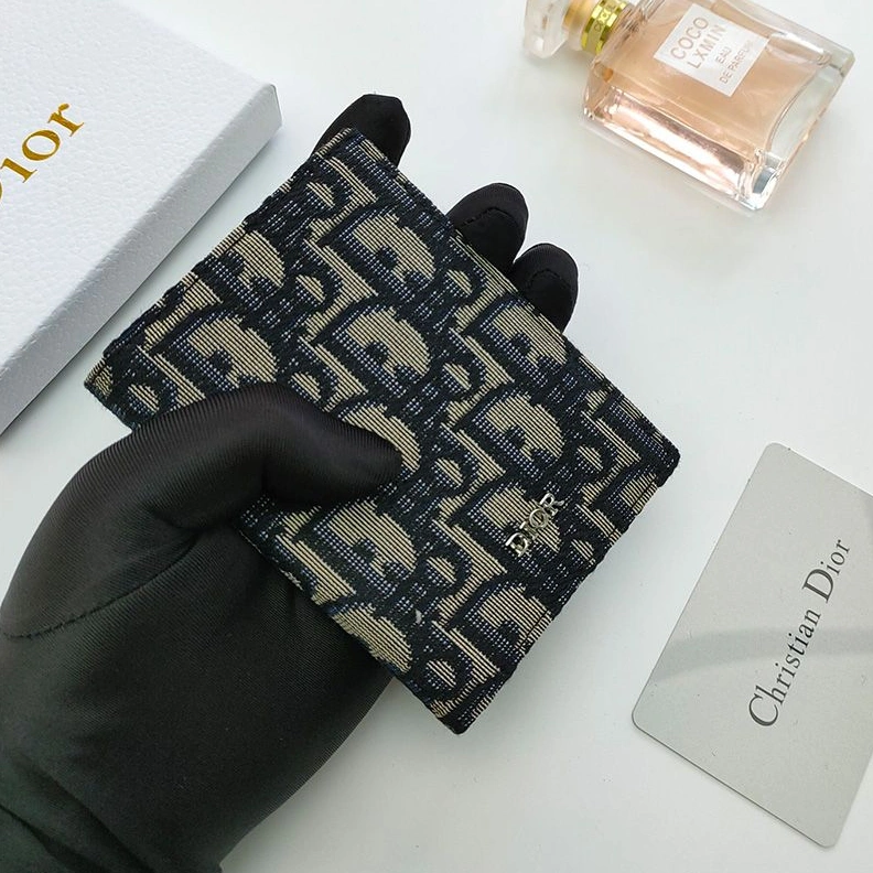 Dior Bi-Fold Card Holder Oblique Motif Canvas Calfskin Blue Trendy 9173