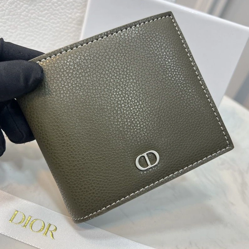Dior Bi-Fold Wallet Grained Calfskin with CD Icon Signature Olive Fashionable 5544