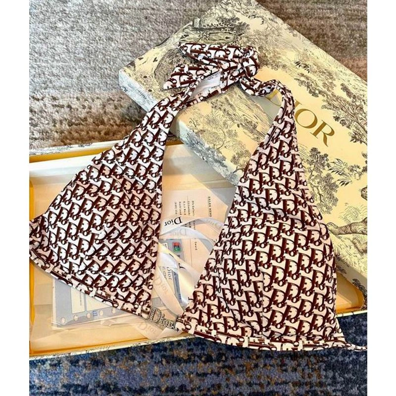 Dior Bikini Women Oblique with Crystal Logo Motif Lycra Coffee Comfortable 6300