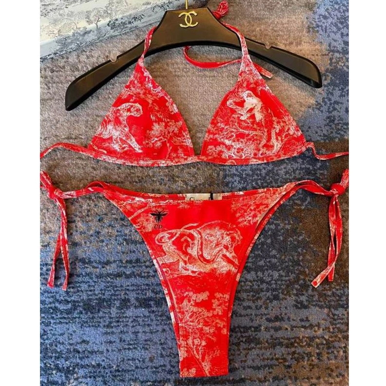 Dior Bikini Women Toile De Jouy with Bee CD Motif Lycra Red NewStyle 2175
