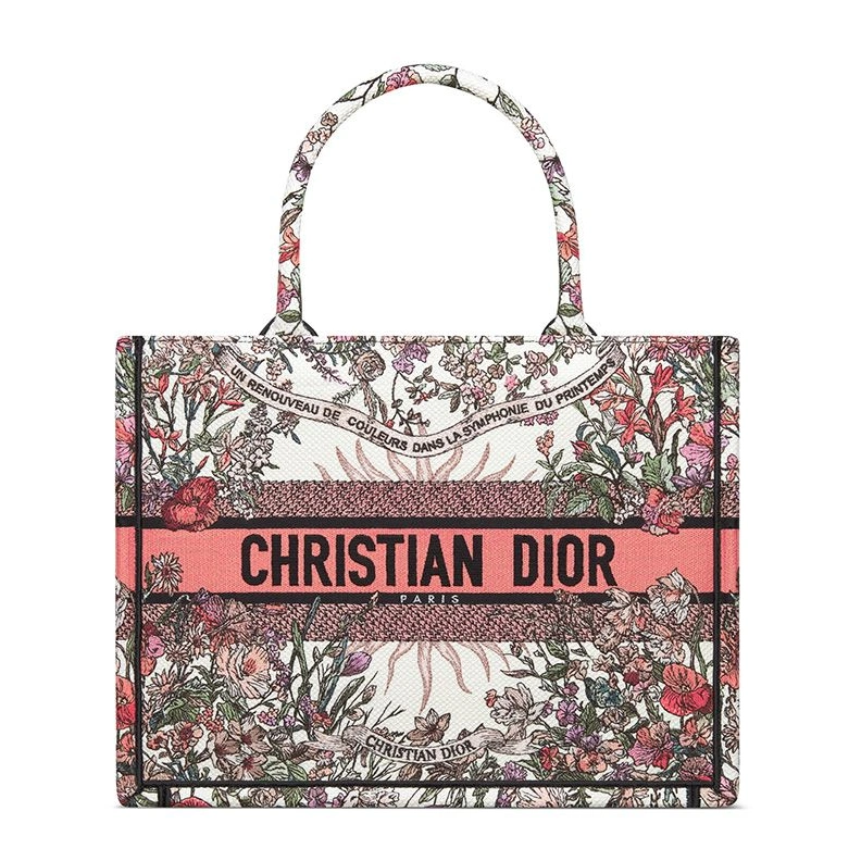 Dior Book Tote In 4 Saisons Printemps Soleil Motif Canvas White Pink Trendy 3072