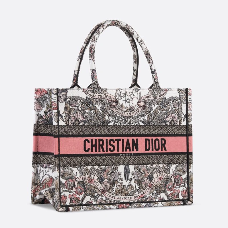 Dior Book Tote In Butterfly Around The World Motif Canvas White Pink AllSeason 8844