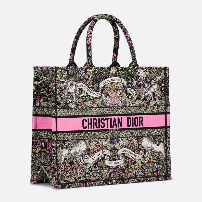 Dior Book Tote In Flowers Around the World Motif Canvas Black WellDesigned 8471