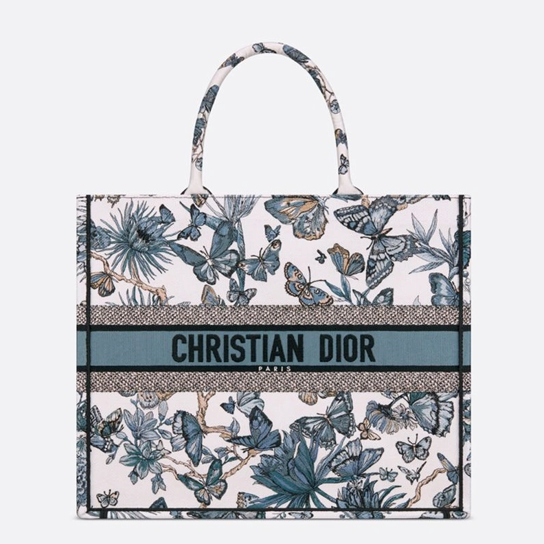 Dior Book Tote In Toile de Jouy Mexico Motif Canvas White Blue Fashionable 5367