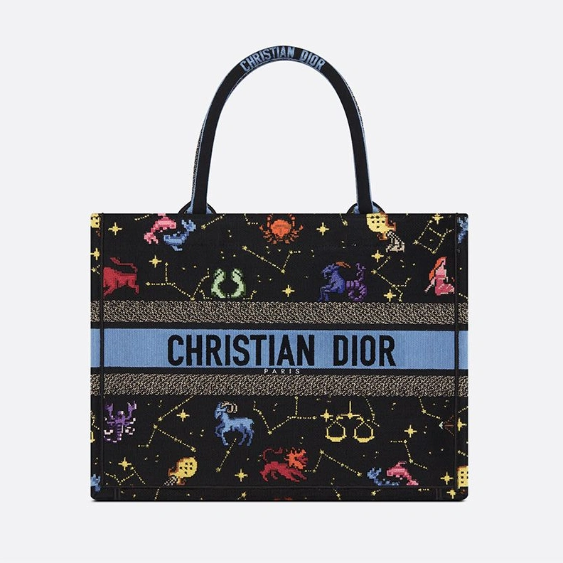 Dior Book Tote Pixel Zodiac Motif Canvas Black Trendy 4170