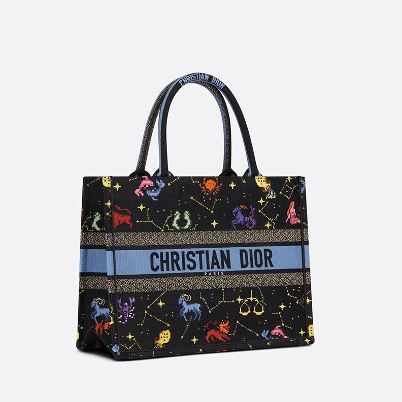 Dior Book Tote Pixel Zodiac Motif Canvas Black Trendy 4170