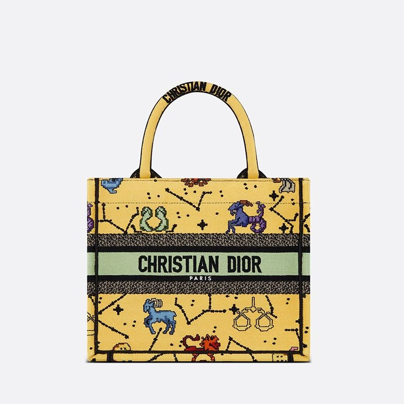 Dior Book Tote Pixel Zodiac Motif Canvas Yellow Popular 101